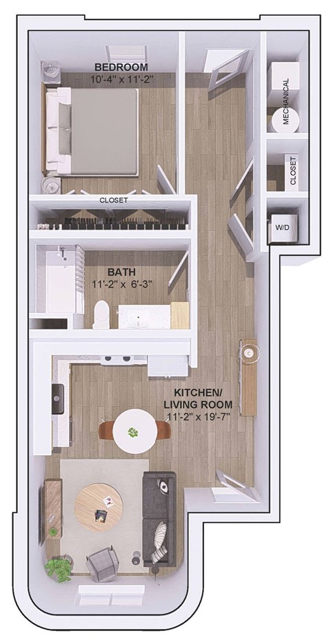 Floor plan for 1 bed, 1 bath, 700 sqft