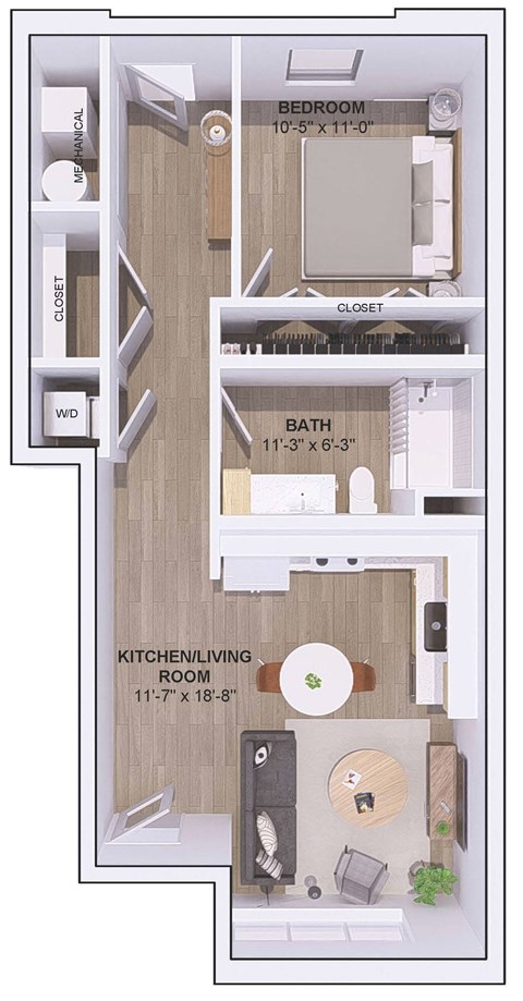 Floor plan for 1 bed, 1 bath, 725 sqft
