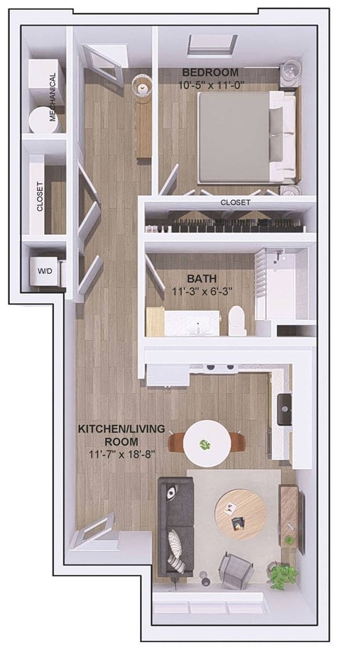 Floor plan for 1 bed, 1 bath, 725 sqft