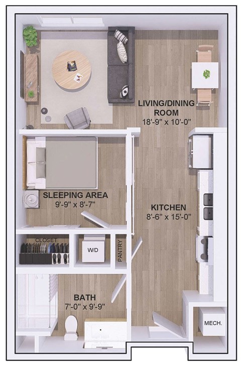 Floor plan for studio, 1 bath, 645 sqft