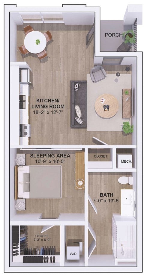 Floor plan for studio, 1 bath, 675 sqft