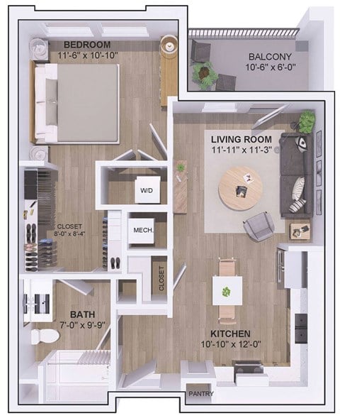 Floor plan for 1 bed, 1 bath, 690 sqft