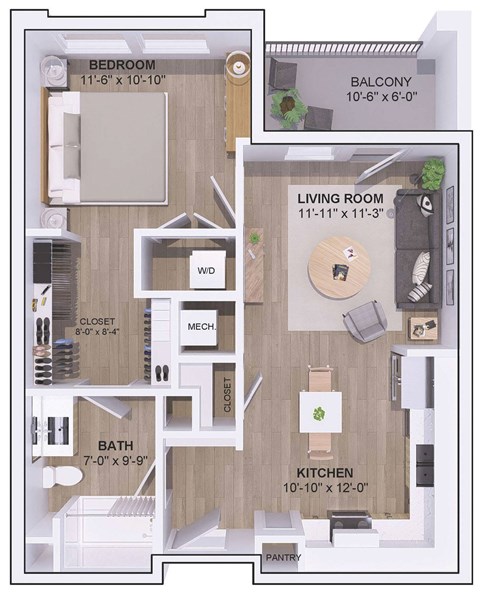 Floor plan for 1 bed, 1 bath, 690 sqft