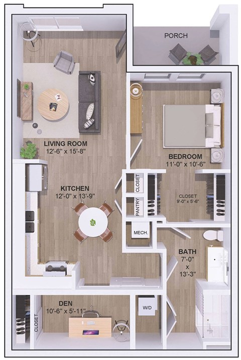 Floor plan for 1 bed, 1 bath, 855 sqft