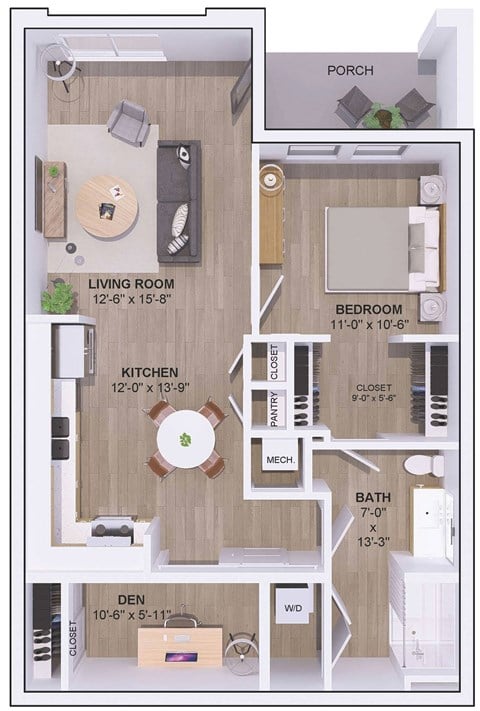 Floor plan for 1 bed, 1 bath, 855 sqft