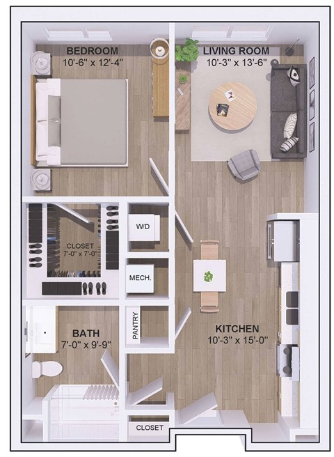 Floor plan for 1 bed, 1 bath, 680 sqft