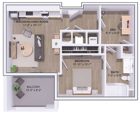 Floor plan for 1 bed, 1 bath, 730 sqft