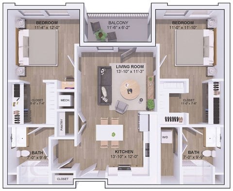 Floor plan for 2 beds, 2 baths, 1100 sqft