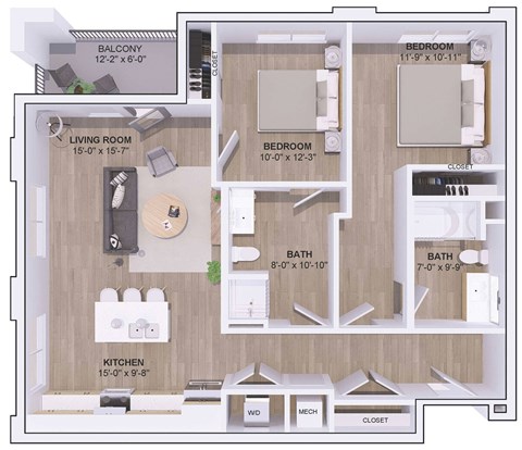 Floor plan for 2 beds, 2 baths, 1135 sqft