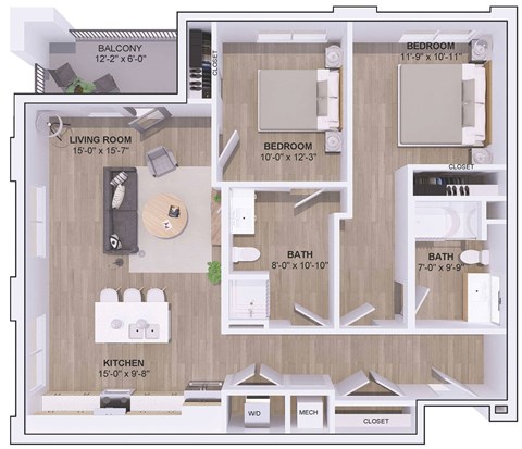 Floor plan for 2 beds, 2 baths, 1135 sqft