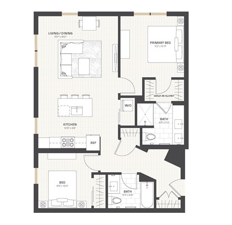 Floor plan for 2 beds, 2 baths, 1184 sqft