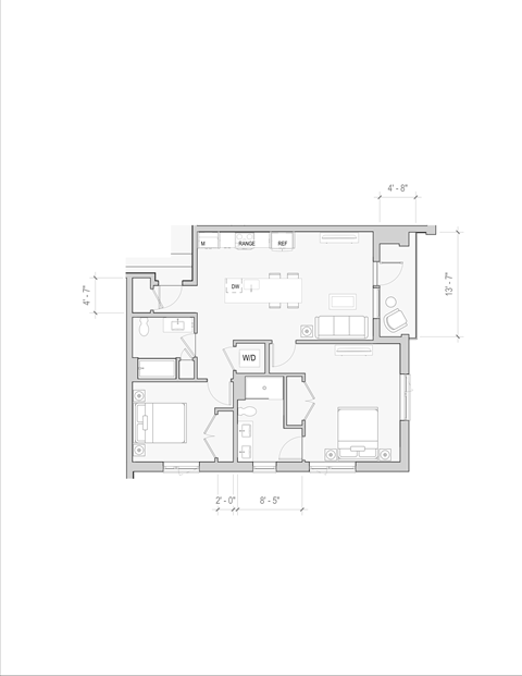 Floor plan for 2 beds, 2 baths, 1043 sqft