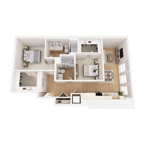 Floor plan for 2 beds, 2 baths, 1050 sqft