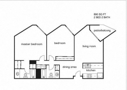 Floor plan for 2 beds, 2 baths, 890 sqft