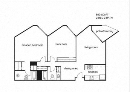 Floor plan for 2 beds, 2 baths, 890 sqft