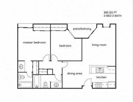 Floor plan for 2 beds, 2 baths, 954 sqft
