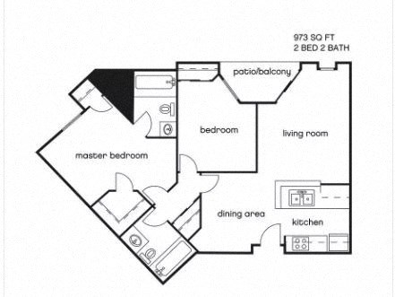 Floor plan for 2 beds, 2 baths, 973 sqft