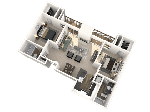 Floor plan for 2 beds, 2 baths, 910 sqft