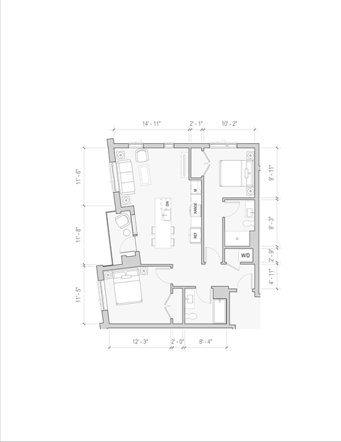 Floor plan for 2 beds, 2 baths, 999 sqft