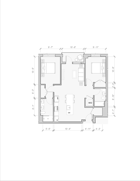 Floor plan for 2 beds, 2 baths, 1033 sqft
