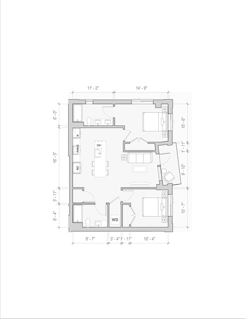 Floor plan for 2 beds, 2 baths, 966 sqft