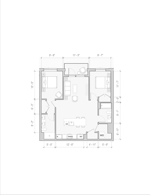 Floor plan for 2 beds, 2 baths, 1021 sqft