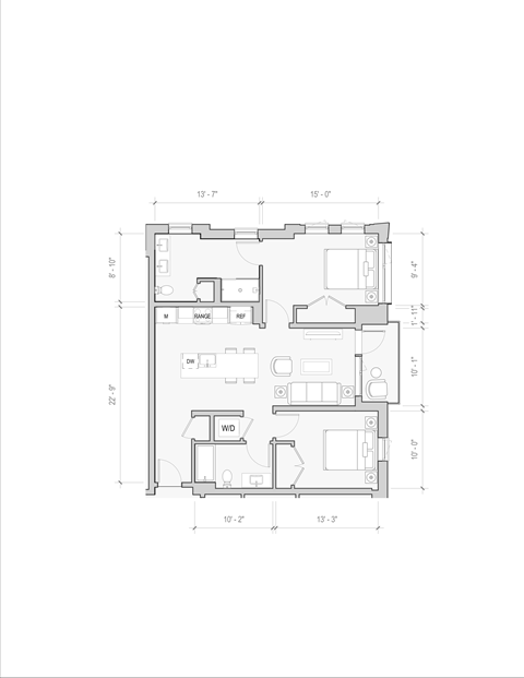 Floor plan for 2 beds, 2 baths, 1021 sqft