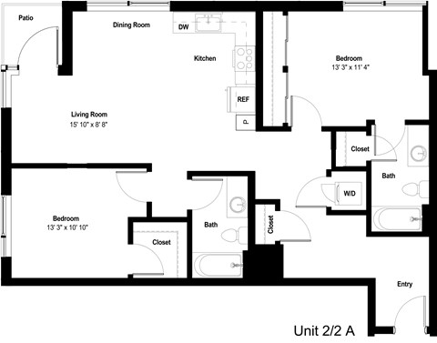Floor plan for 2 beds, 2 baths, 1135 sqft