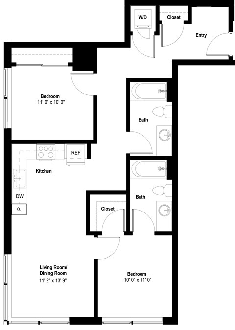 Floor plan for 2 beds, 2 baths, 944 sqft