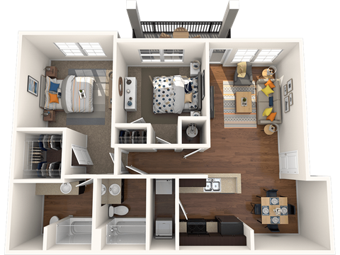 Floor plan for 2 beds, 2 baths, 1052 sqft