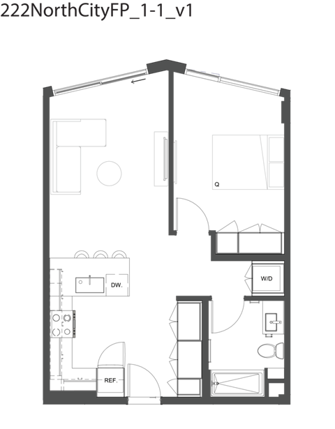 Floor plan for 1 bed, 1 bath, 623 sqft