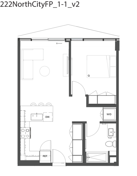 Floor plan for 1 bed, 1 bath, 597 sqft