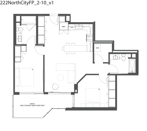Floor plan for 2 beds, 2 baths, 977 sqft