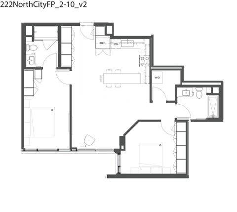 Floor plan for 2 beds, 2 baths, 983 sqft
