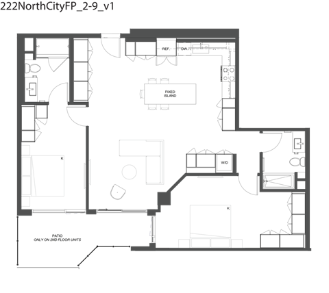 Floor plan for 2 beds, 2 baths, 1169 sqft