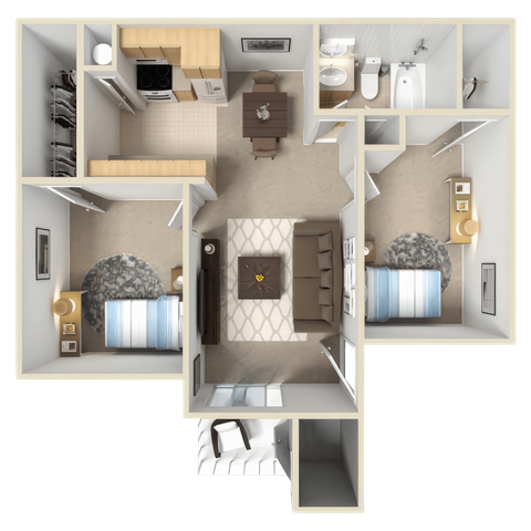 Floor plan for 2 beds, 1 bath, 910 sqft