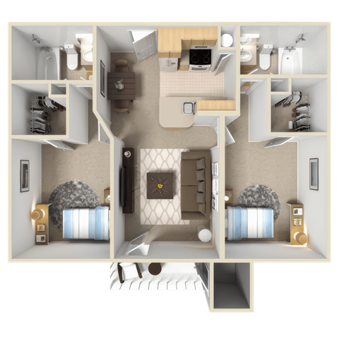 Floor plan for 2 beds, 2 baths, 970 sqft