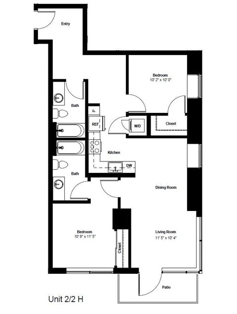 Floor plan for 2 beds, 2 baths, 1036 sqft
