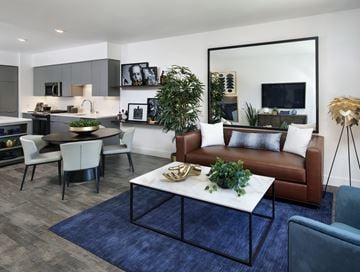 San Jose apartment for rent - A modern living room with a brown leather couch and a white coffee table.