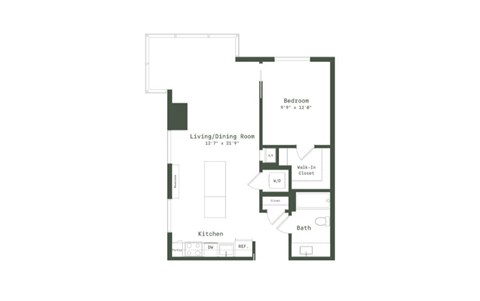 Floor plan for 1 bed, 1 bath, 765 sqft