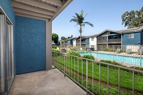 Ontario apartment for rent - A view of a pool from a balcony.