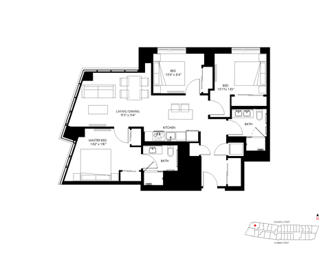 Floor plan for 3 beds, 2 baths, 1063 sqft
