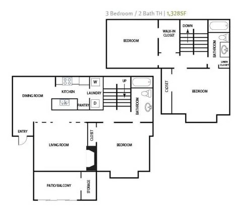 Floor plan for 3 beds, 2 baths, 1328 sqft