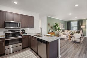 Huntersville apartment for rent - A modern kitchen with dark brown cabinets and stainless steel appliances.