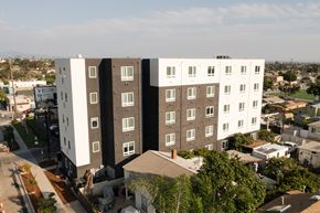 San Diego apartment for rent - an aerial view of an apartment building with a black and white facade