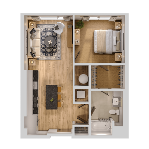 Floor plan for 1 bed, 1 bath, 672 sqft
