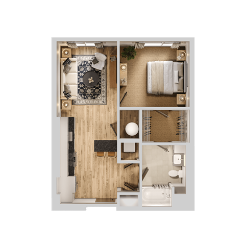 Floor plan for 1 bed, 1 bath, 635 sqft