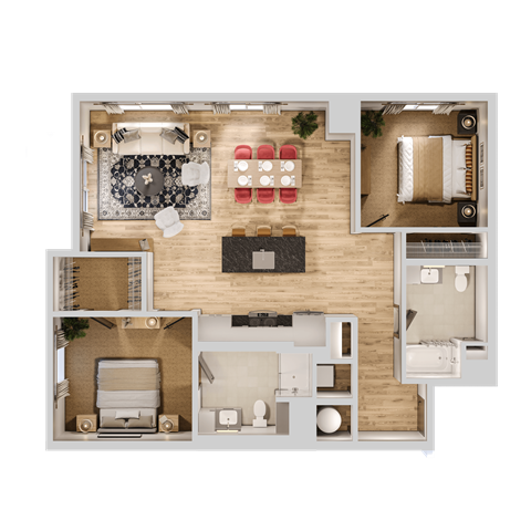 Floor plan for 2 beds, 2 baths, 1233 sqft