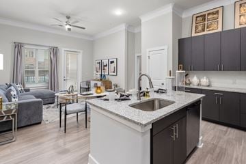 Apex apartment for rent - A modern kitchen with a large island and a living area with a couch and chairs.