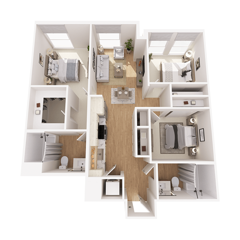 Floor plan for 3 beds, 2 baths, 1030 sqft